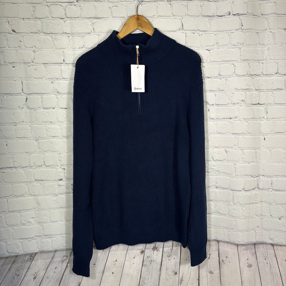 New Quince Mens‎ Navy Blue 100% Organic Cotton Ribbed Quarter Zip Sweater Medium